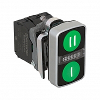 MEYERTEC MTB4-BW26315 — Кнопка двойная плоская с подсветкой, зеленая, маркировка "I+II", 2NO, 24V AC/DC, IP65, металл