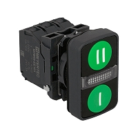 MEYERTEC MTB5-AW26315 — Кнопка двойная плоская с подсветкой, зеленая, маркировка "I+II", 2NO, 24V AC/DC, IP65, пластик